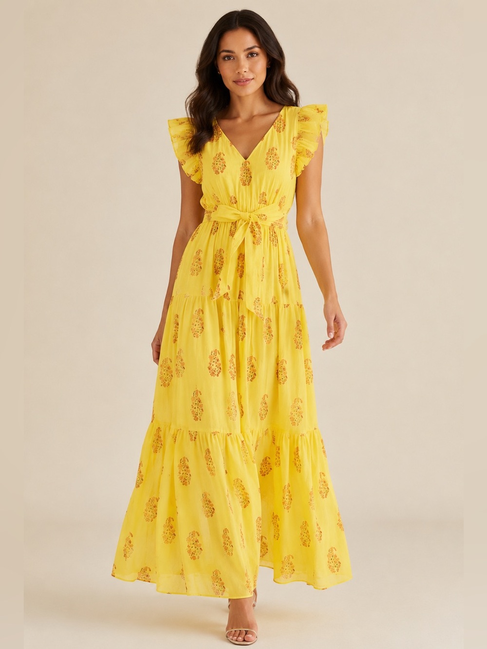 NWT A Loves A Floral Metallic Striped Print Surplice V-Neck Tiered Maxi Dress